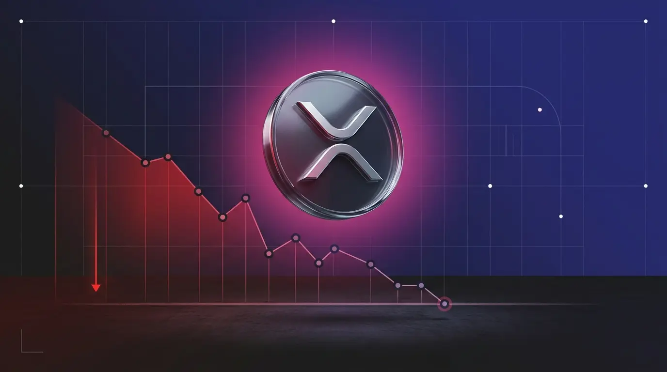 Metallic XRP asset under pressure above a key support level in a dark crypto market scene
